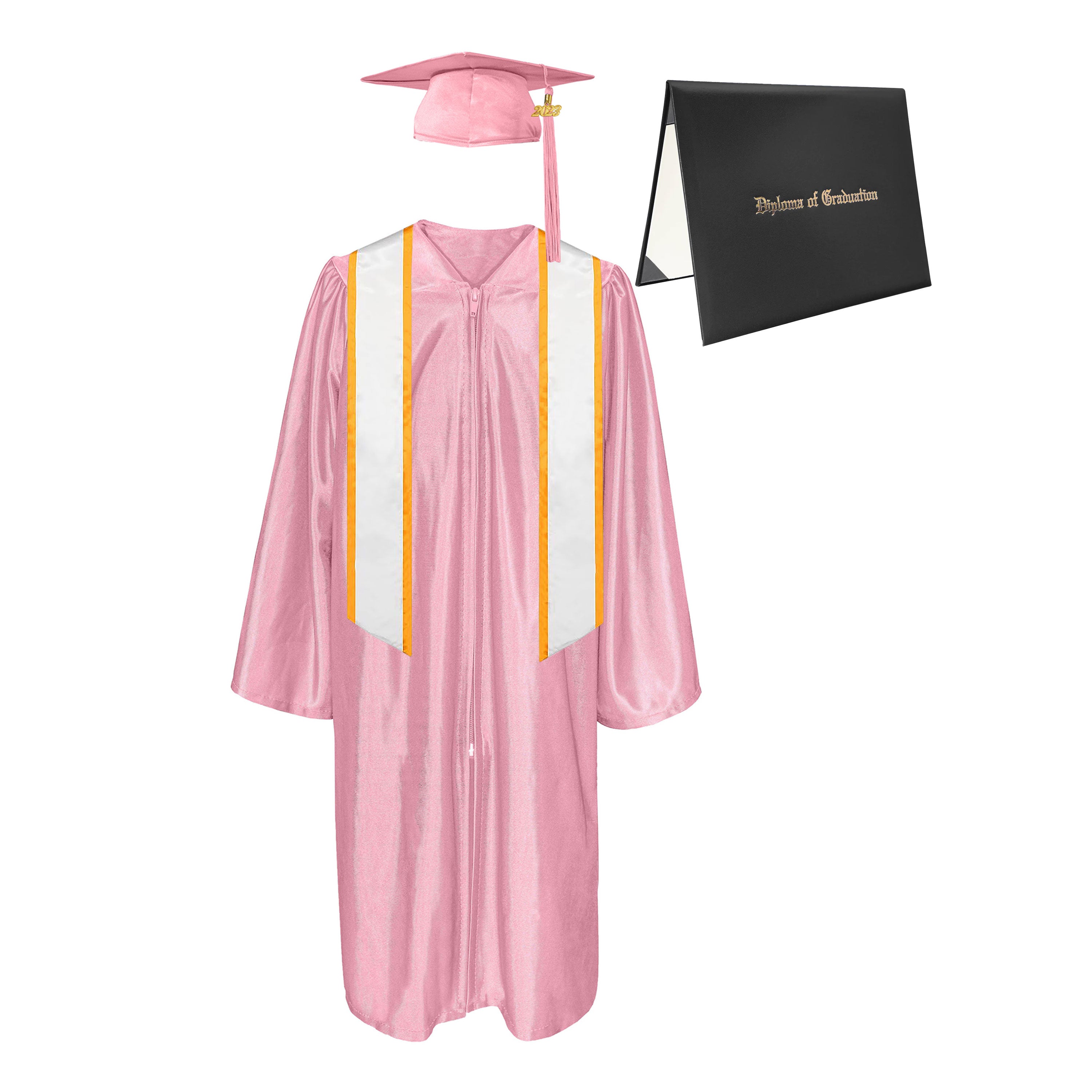 Shiny Cap, Gown, Tassel,Honor Stole Angled End with Trim 72” & Diploma Cover Package-CA graduation