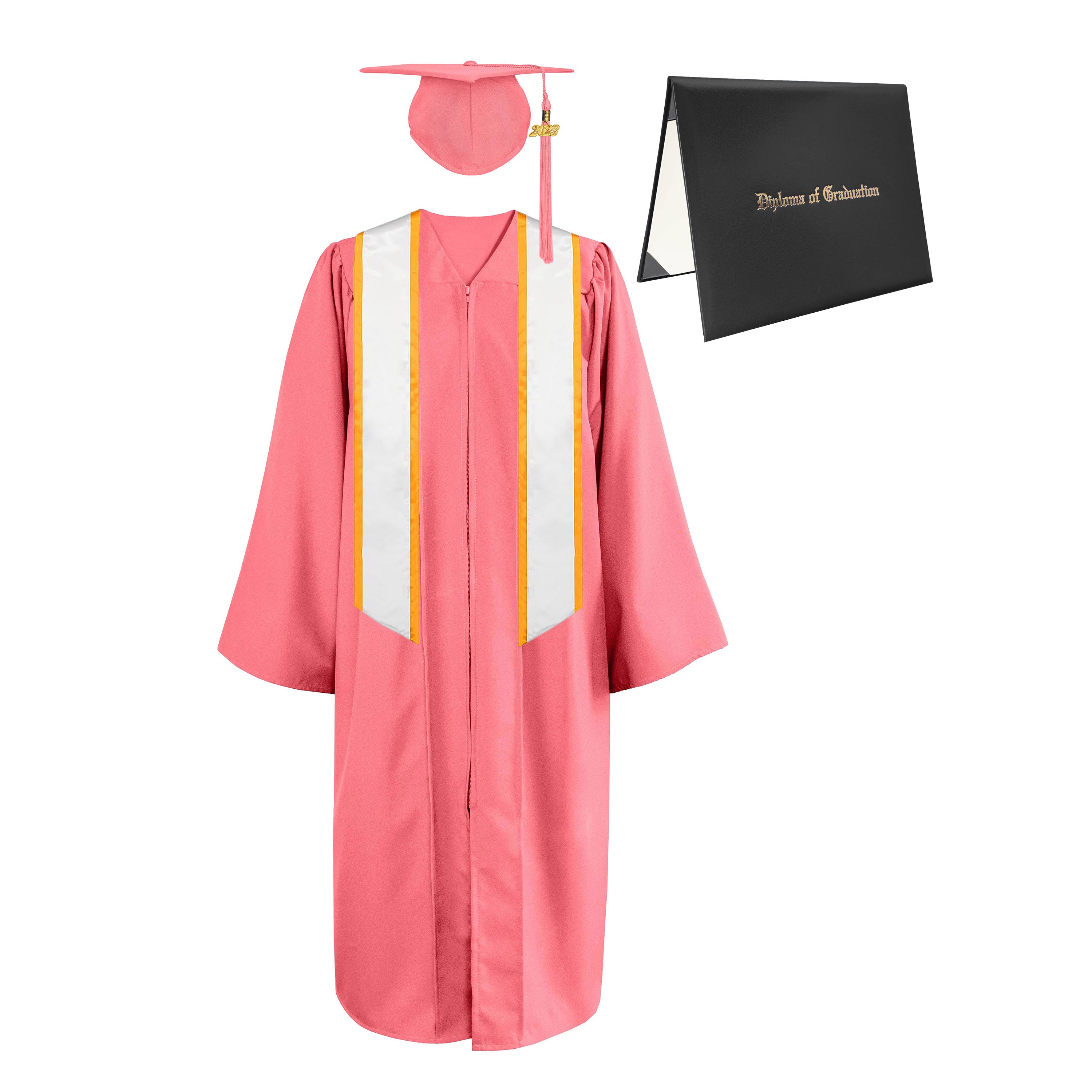 Matte Cap, Gown, Tassel,Honor Stole Angled End with Trim 72” & Diploma Cover Package-CA graduation