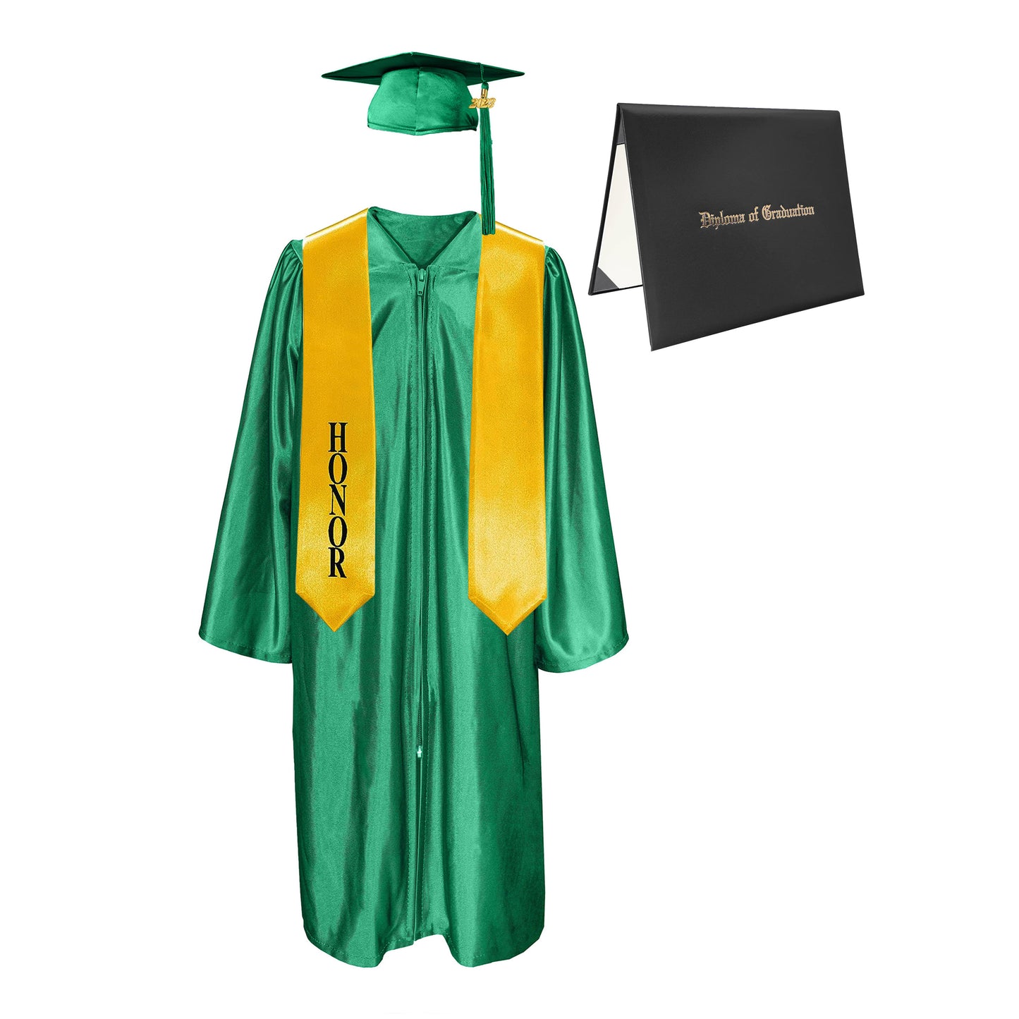 Shiny Cap, Gown, Tassel,Honor Stole 60”& Diploma Cover Package-CA graduation