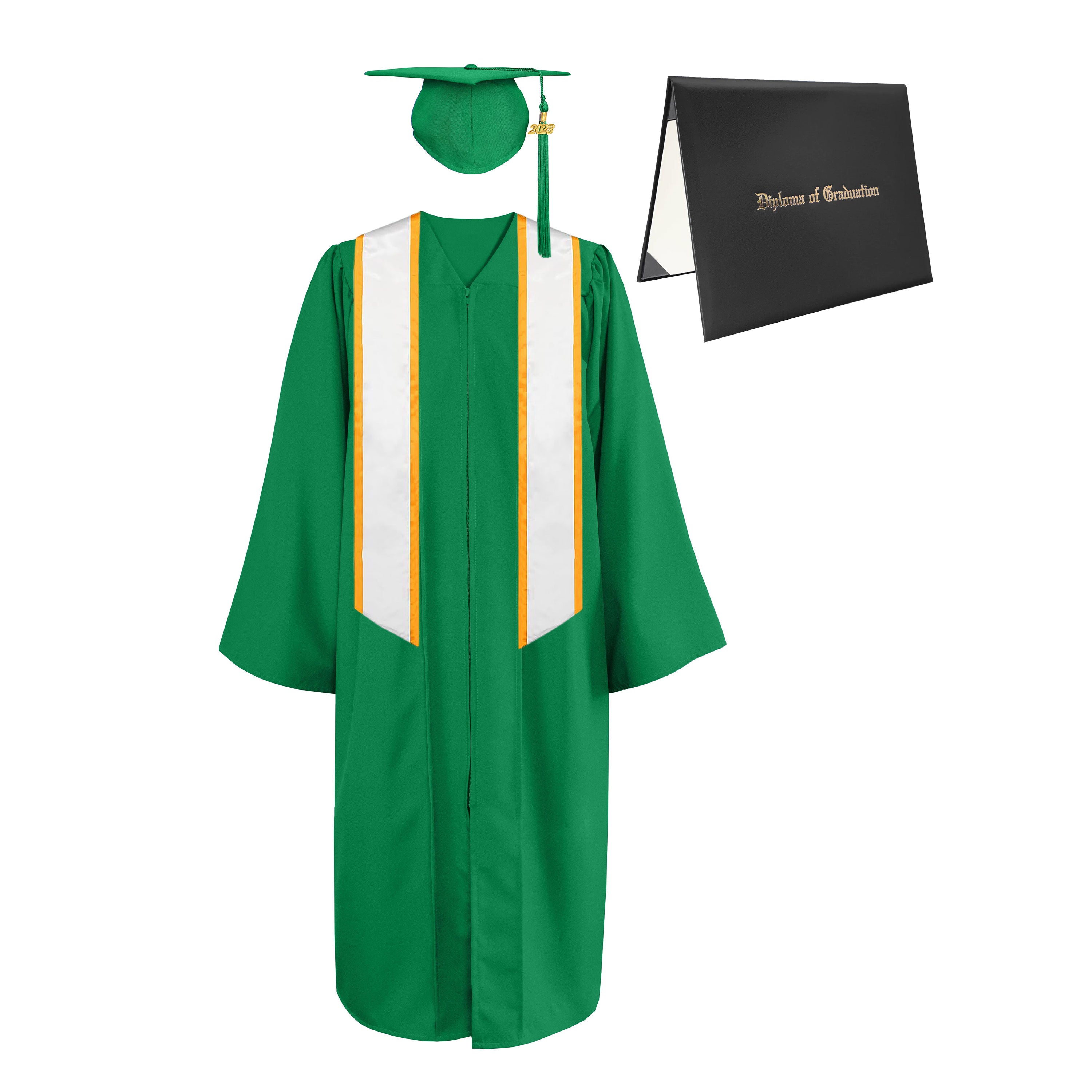 Matte Cap, Gown, Tassel,Honor Stole Angled End with Trim 72” & Diploma Cover Package-CA graduation