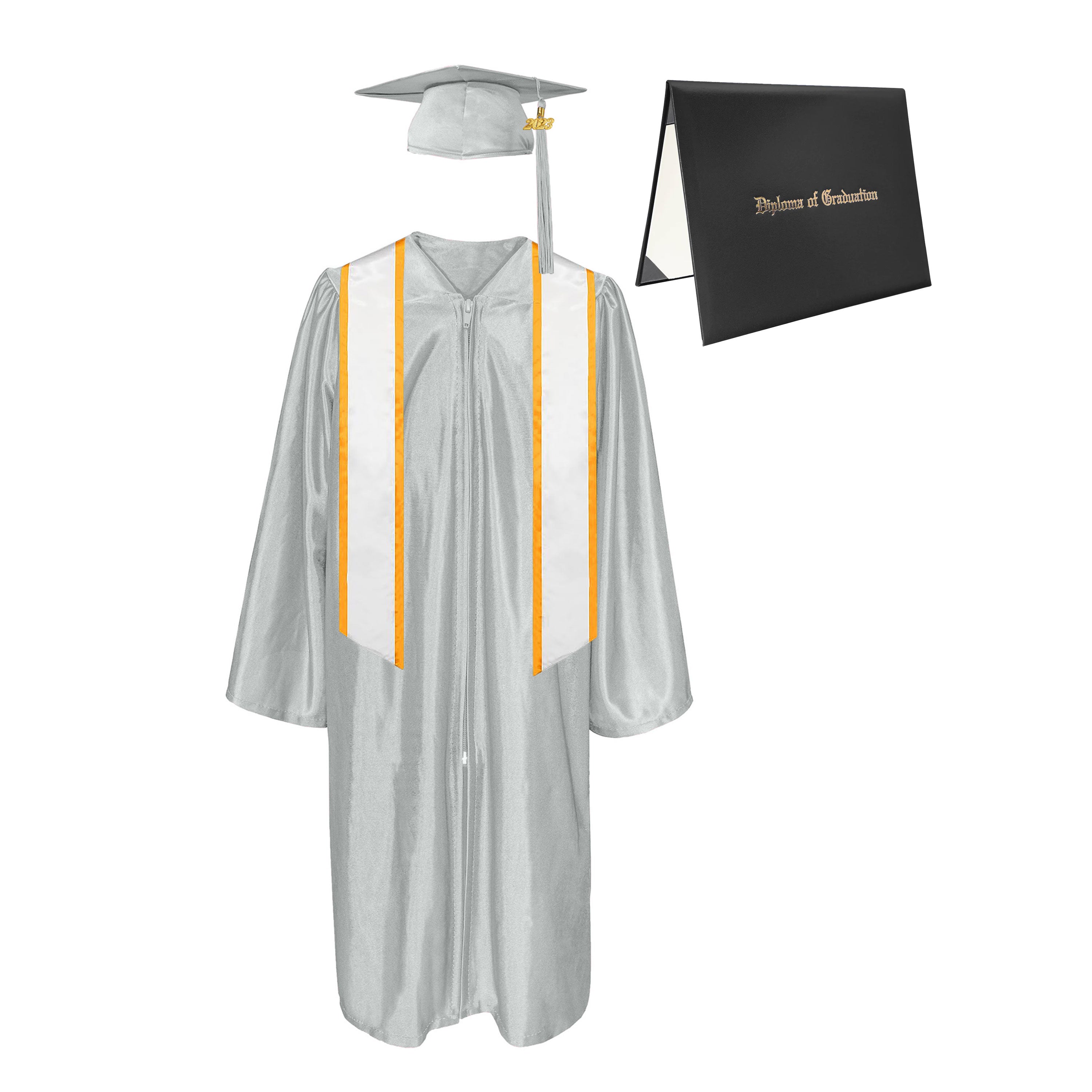 Shiny Cap, Gown, Tassel,Honor Stole Angled End with Trim 72” & Diploma Cover Package-CA graduation
