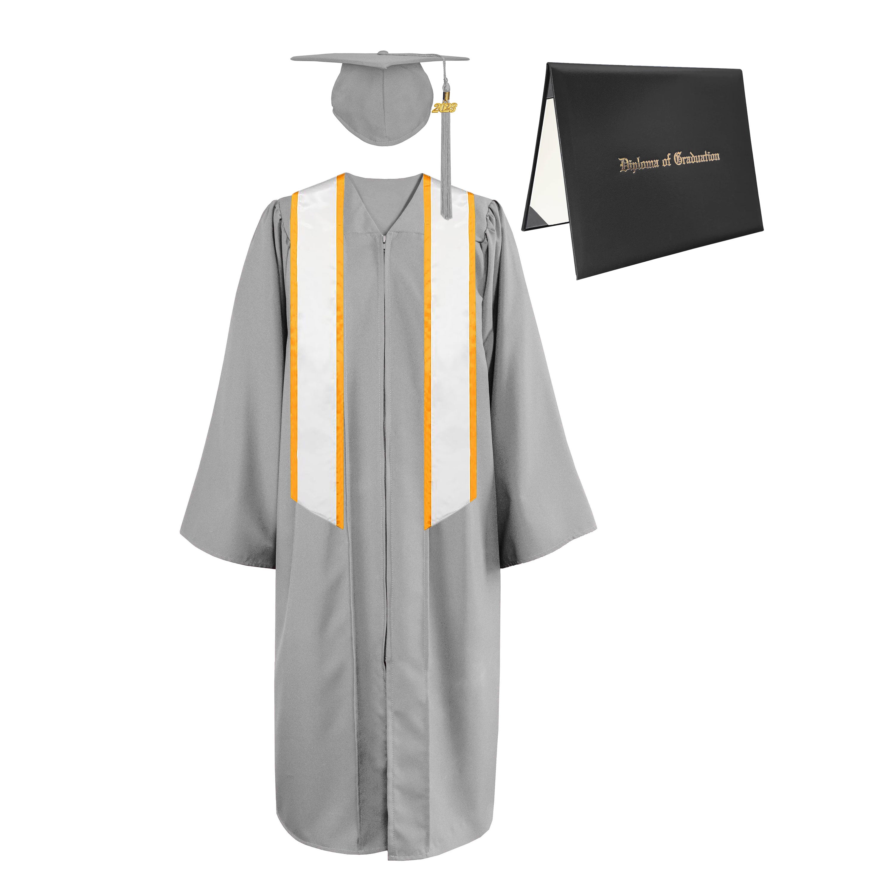 Matte Cap, Gown, Tassel,Honor Stole Angled End with Trim 72” & Diploma Cover Package-CA graduation