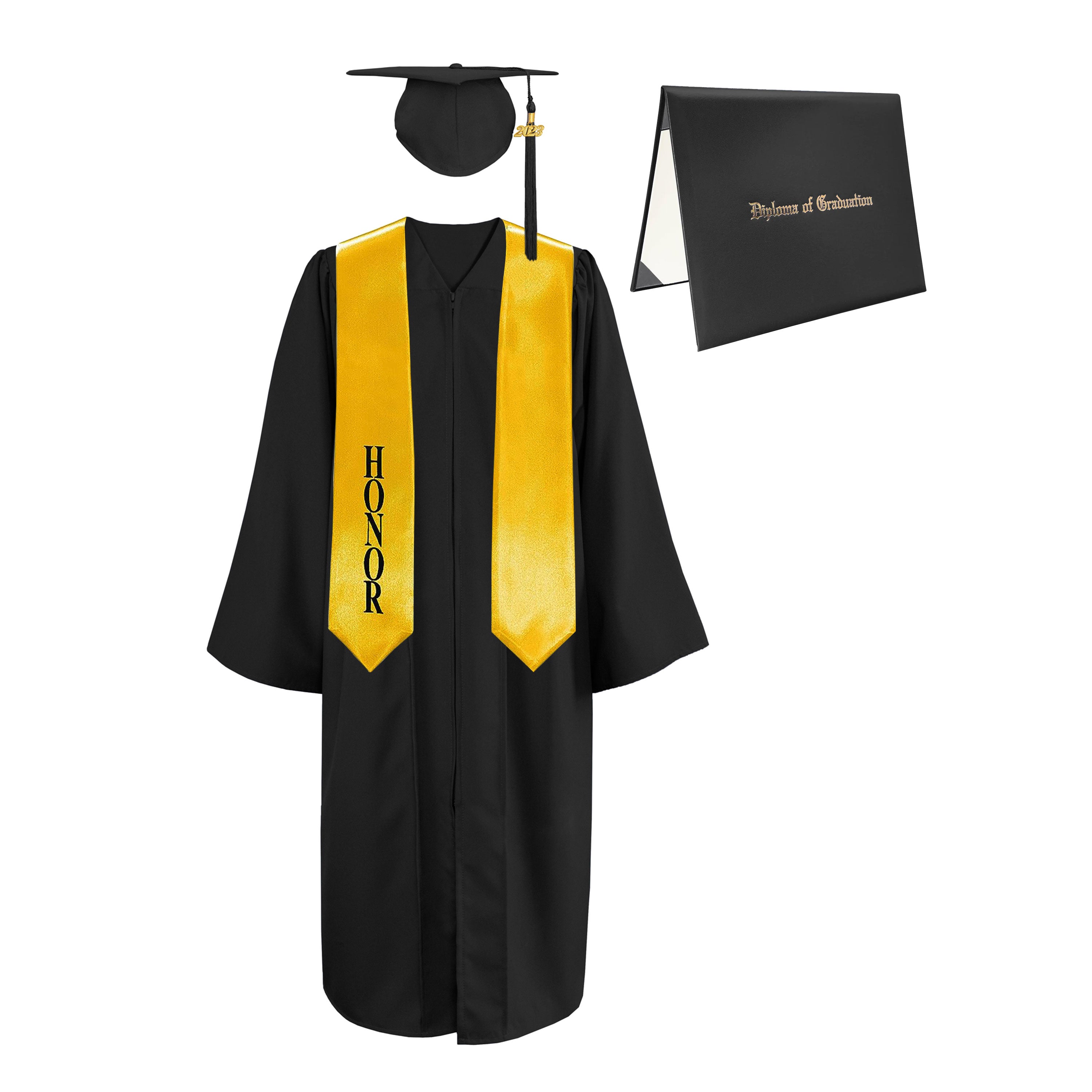 Matte Cap, Gown, Tassel,Honor Stole 60”& Diploma Cover Package-CA graduation