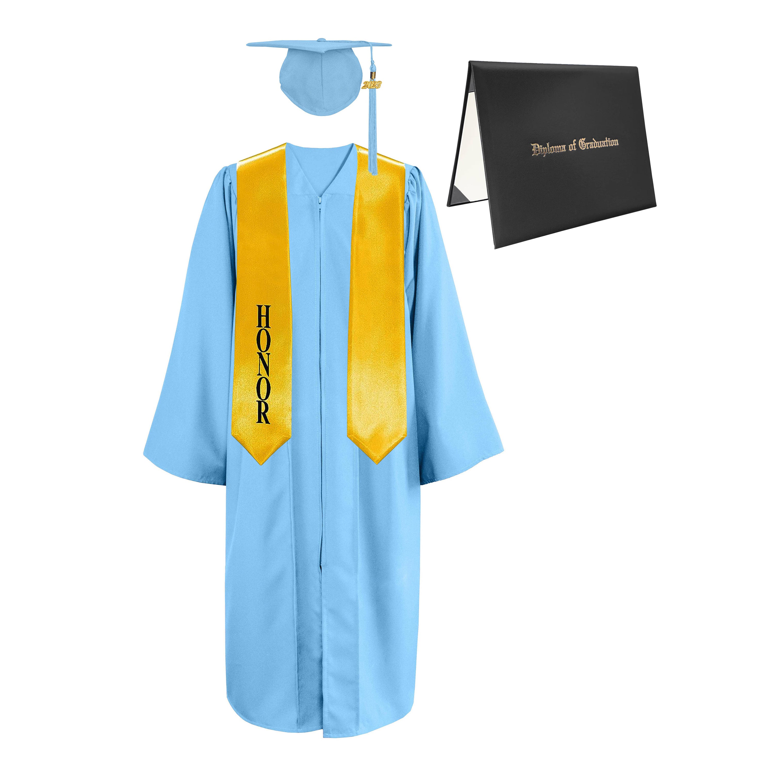 Matte Cap, Gown, Tassel,Honor Stole 60”& Diploma Cover Package-CA graduation